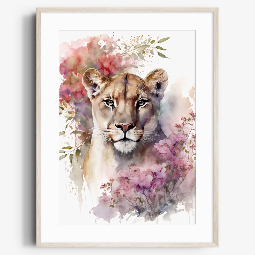 Cute Floral Lioness Watercolor Wall Art Illustration Print Poster Card Unframed